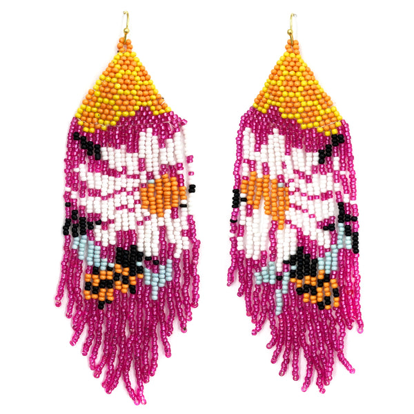 Fringe Long Daisy Flower Bee Spring Seed Bead Dangle Earrings