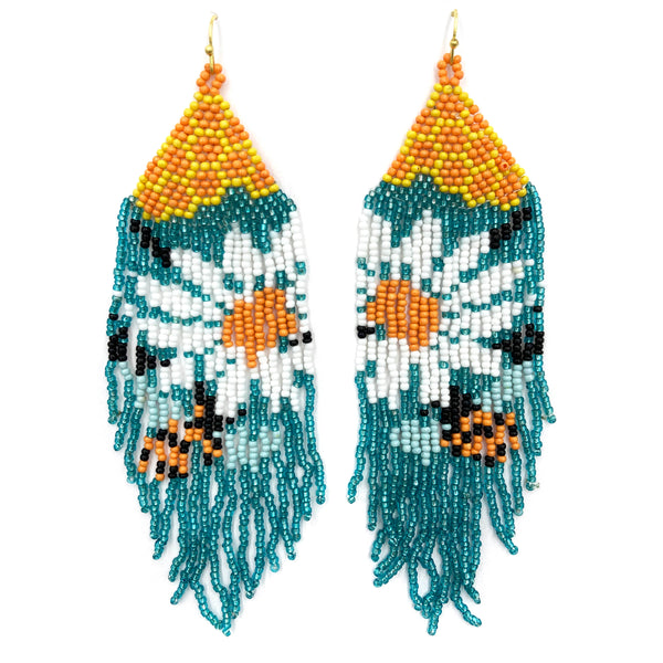 Fringe Long Daisy Flower Bee Spring Seed Bead Dangle Earrings