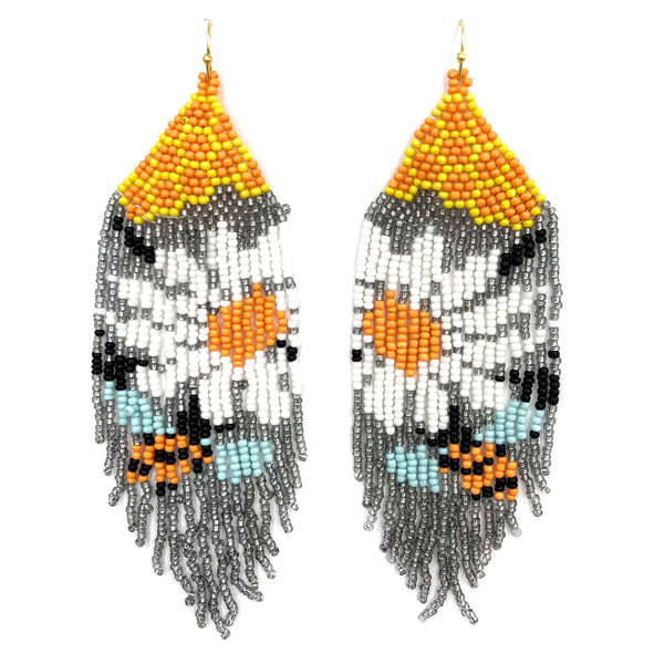 Fringe Long Daisy Flower Bee Spring Seed Bead Dangle Earrings