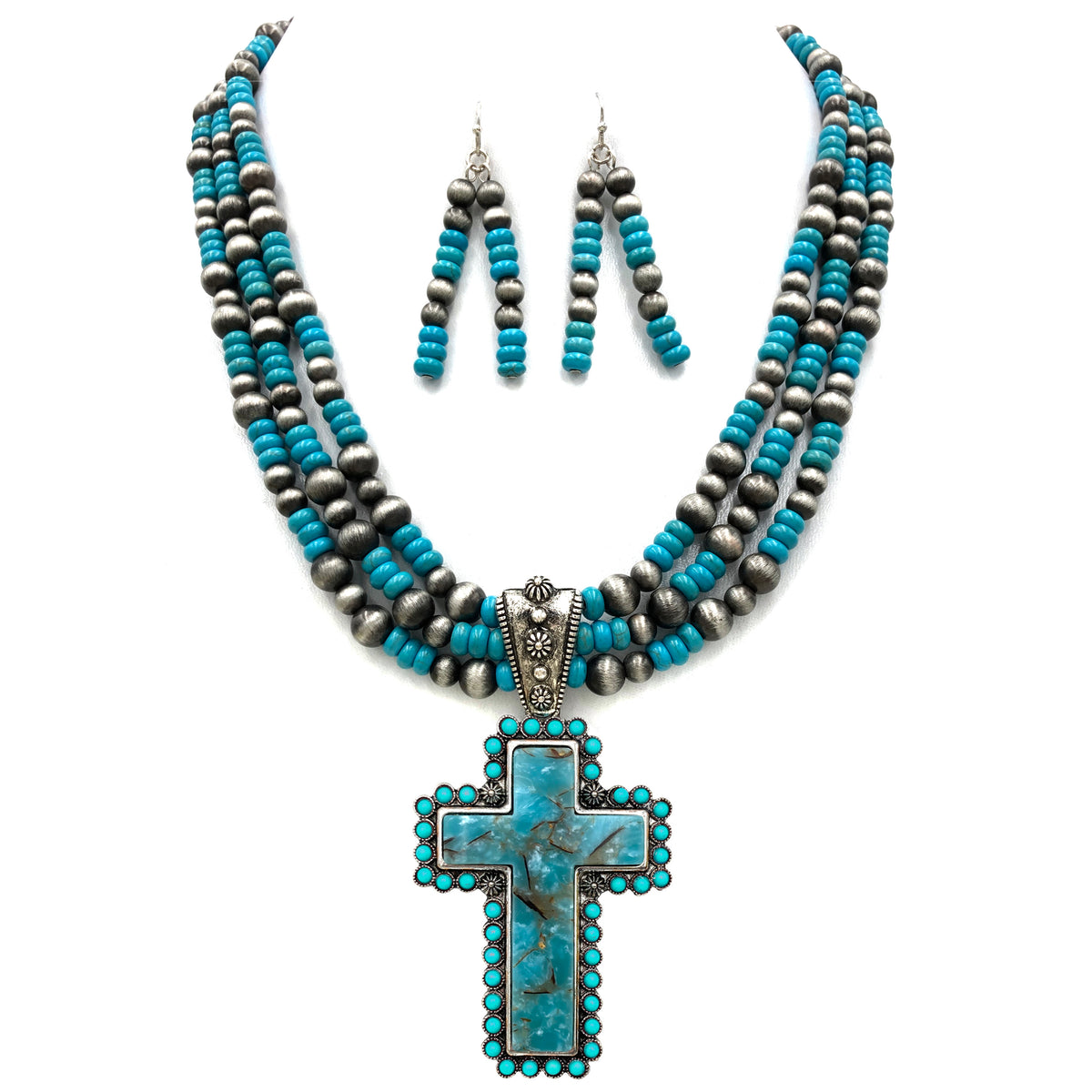 Western Earrings - Silver Turquoise Cross