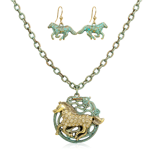 Western Horse Pistol Pendant Necklace Earrings Set
