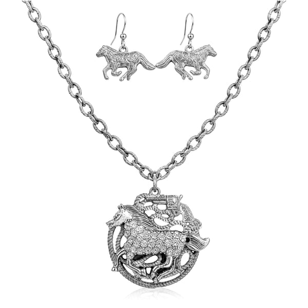 Western Horse Pistol Pendant Necklace Earrings Set