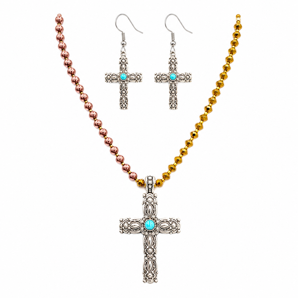 Crystal and Bead Silver Vintage Western Cross Pendant Necklace