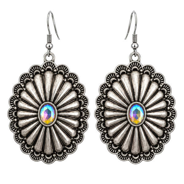Silver Oval Concho Shaped Turquoise Cabochon Earrings