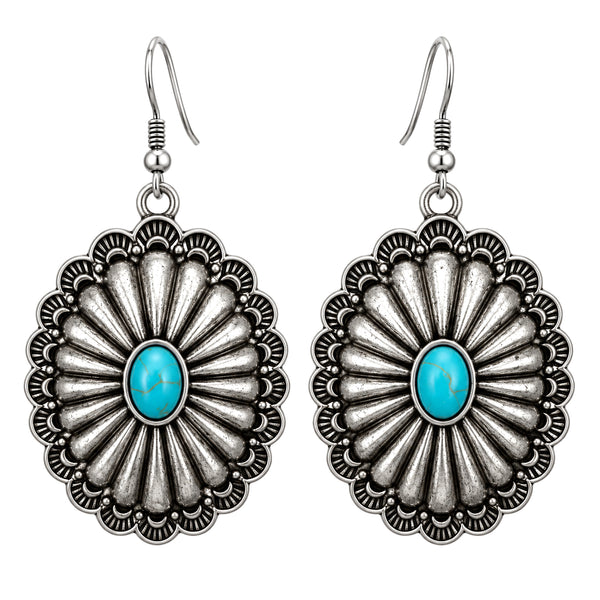 Silver Oval Concho Shaped Turquoise Cabochon Earrings