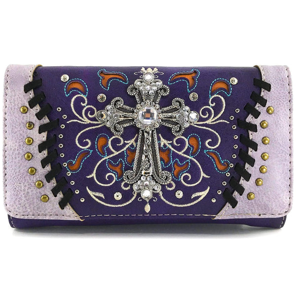 Western Cross Floral Embroidery Crossbody Wallet