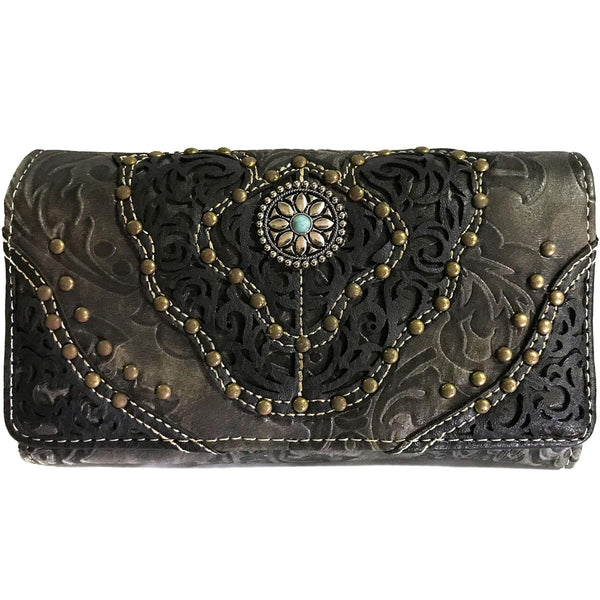 Western Medallion Concho Trifold Crossbody Wallet