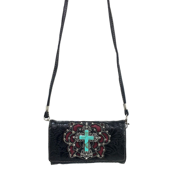 Turquoise Cross Floral Carving Crossbody Black Wallet