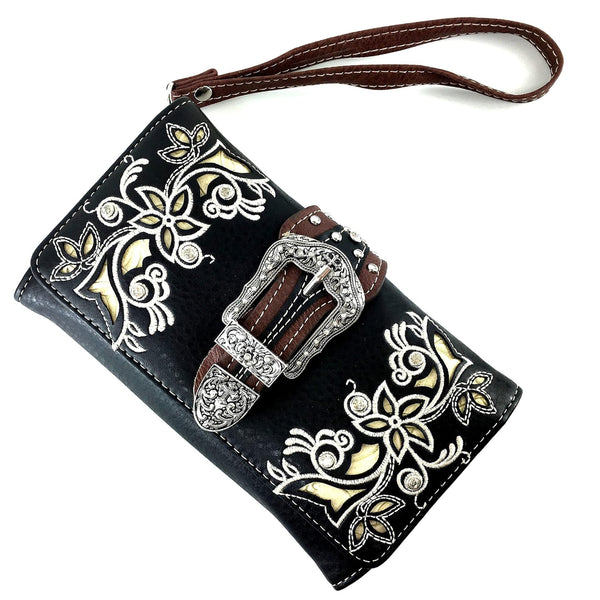 Rhinestone Buckle Floral Crossbody Wallet