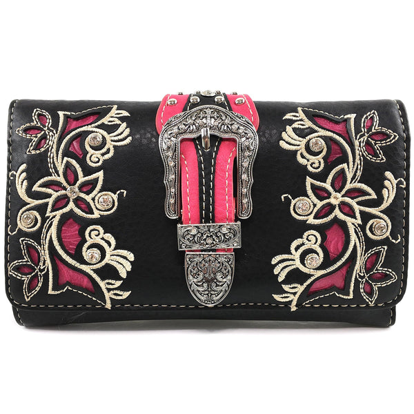 Rhinestone Buckle Floral Crossbody Wallet