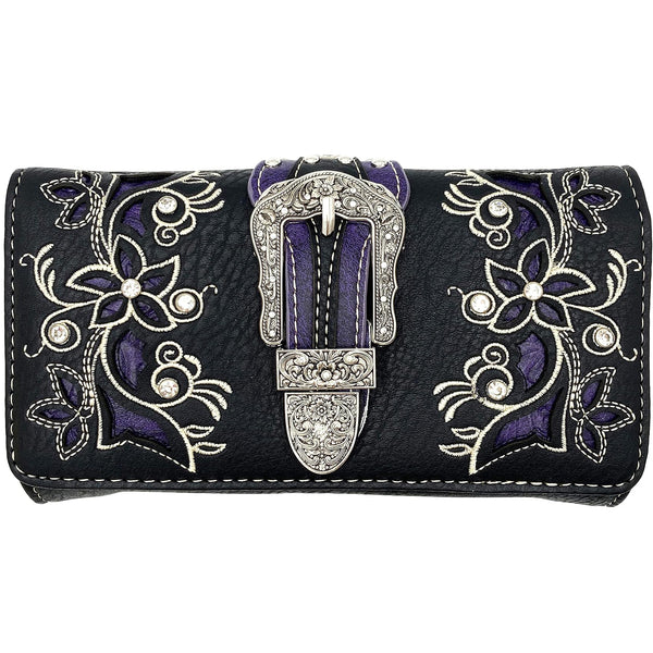 Rhinestone Buckle Floral Crossbody Wallet