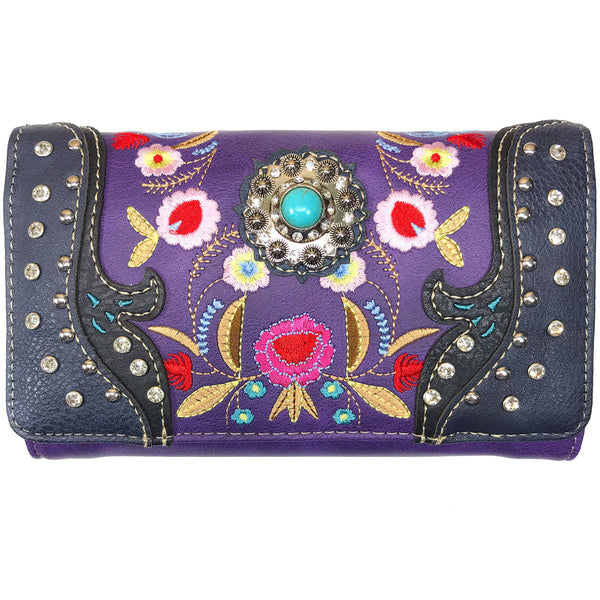 Spring Flower Turquoise Rhinestone Crossbody Wallet