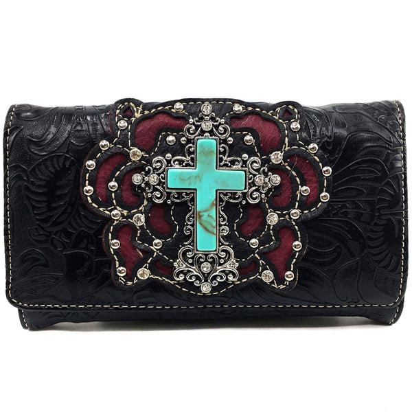 Turquoise Cross Floral Carving Crossbody Black Wallet