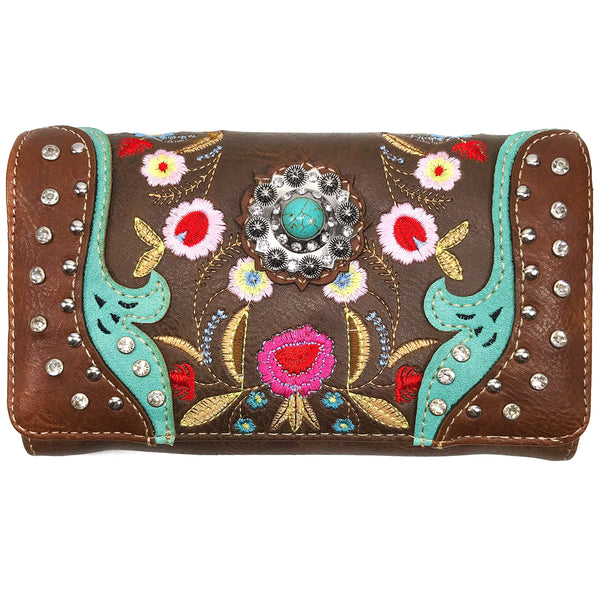 Spring Flower Turquoise Rhinestone Crossbody Wallet