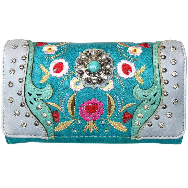 Spring Flower Turquoise Rhinestone Crossbody Wallet