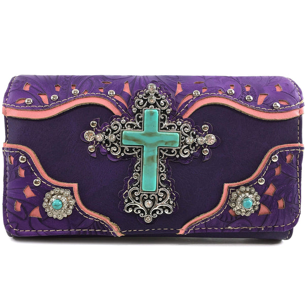 Turquoise Cross Pu Leather Western Crossbody Wallet