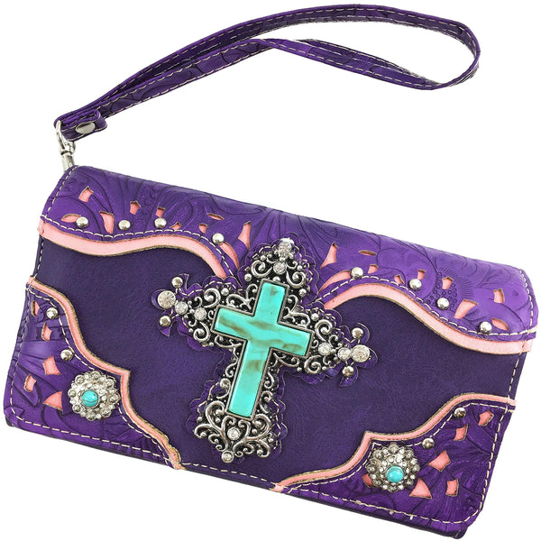 Turquoise Cross Pu Leather Western Crossbody Wallet