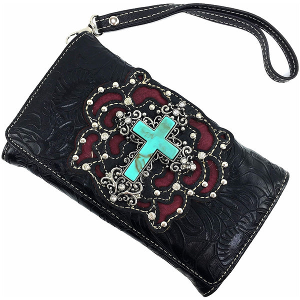 Turquoise Cross Floral Carving Crossbody Black Wallet