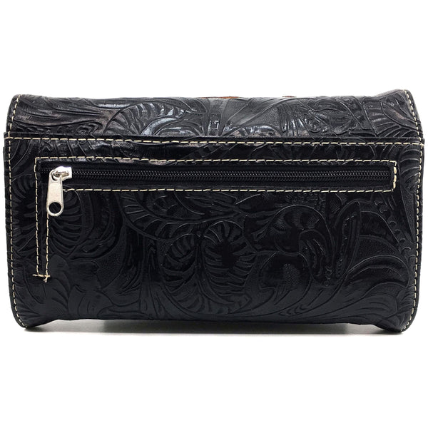 Turquoise Cross Floral Carving Crossbody Black Wallet
