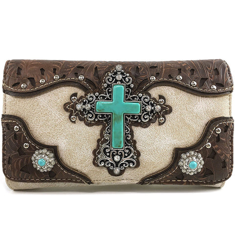 Turquoise Cross Pu Leather Western Crossbody Wallet