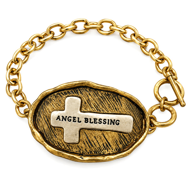 Bible Prayer Angel Blessing Cross Chain Toggle Clasp Bracelet