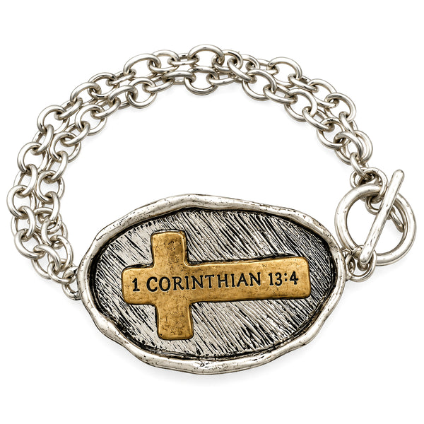 Bible Prayer Corinthians 13:4 Cross Chain Toggle Clasp Bracelet