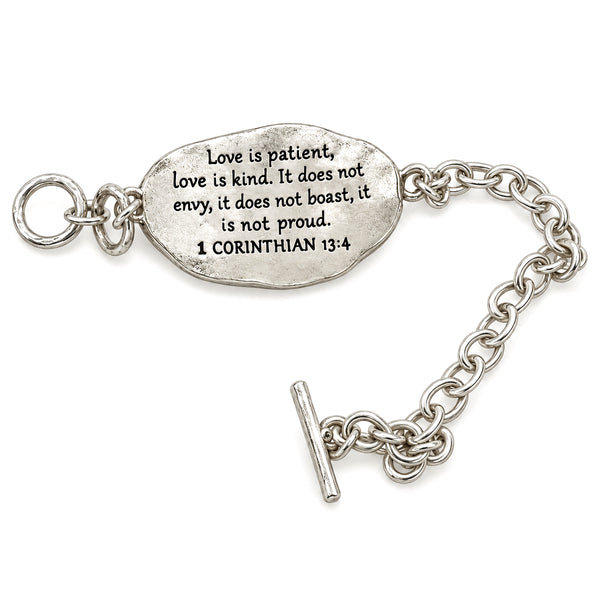 Bible Prayer Corinthians 13:4 Cross Chain Toggle Clasp Bracelet