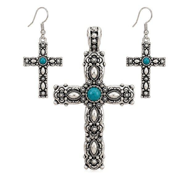 Crystal and Bead Silver Vintage Western Cross Pendant Necklace