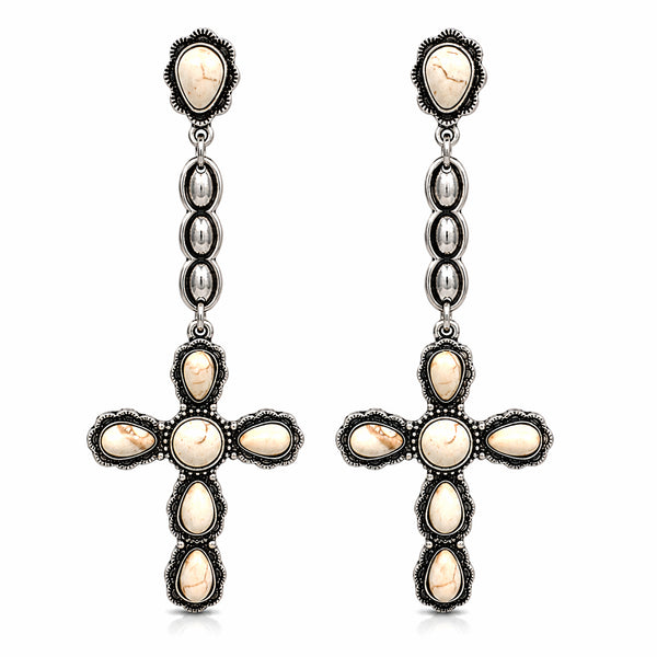 Western Turquoise Multicolor Stone Cross Dangle Earrings