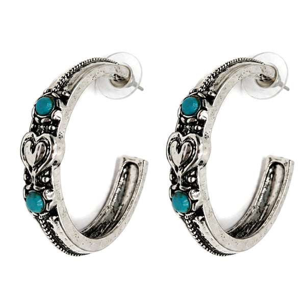 Western Floral with Turquoise Heart C Hoop Earrings