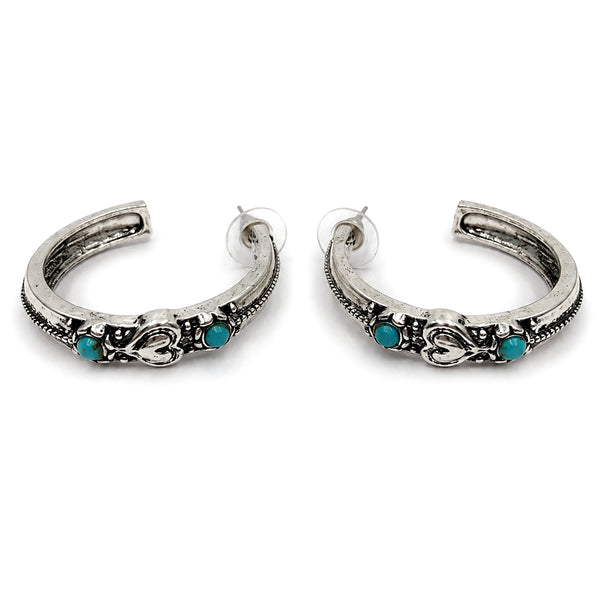 Western Floral with Turquoise Heart C Hoop Earrings