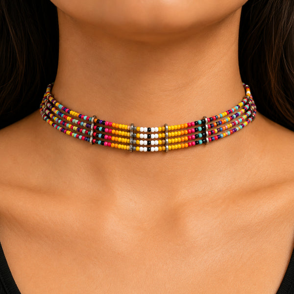 Multicolor Strand Seed Bead Southwestern Choker Necklace