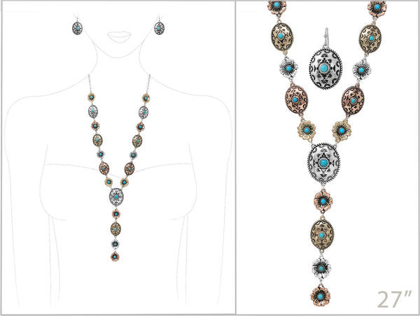 Native Navajo Concho Tie Necklace Earrings Set