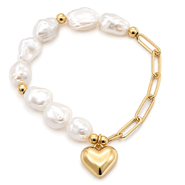 Heart Charm Pearl Silver Gold Chain Bracelet