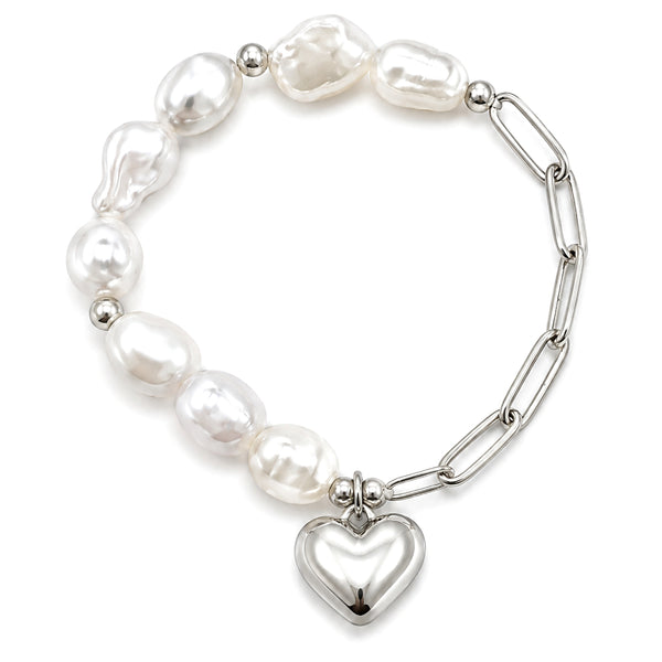 Heart Charm Pearl Silver Gold Chain Bracelet