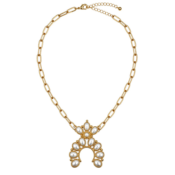 Pearl and Gold Squash Blossom Pendant Necklace