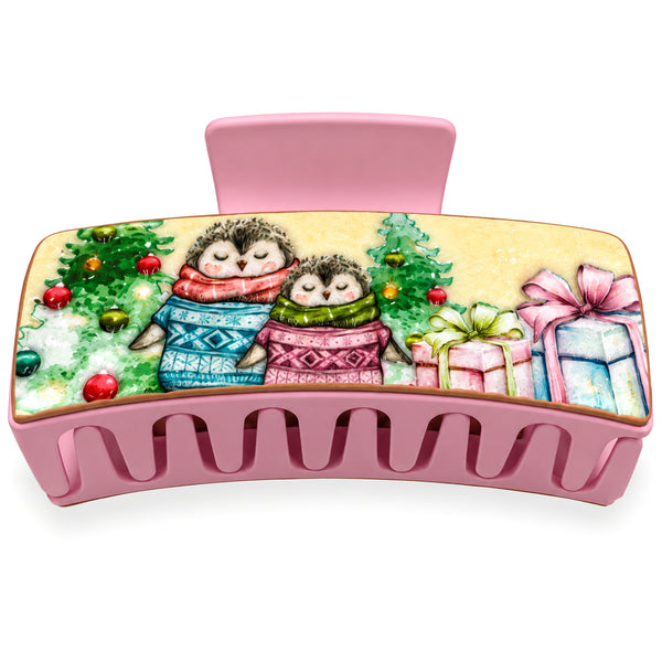 Christmas Penguin Family Pink Leather Print Hair Claw
