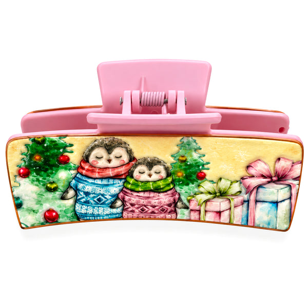 Christmas Penguin Family Pink Leather Print Hair Claw