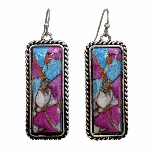 Rectangle Square Turquoise Stone Western Dangle Earrings