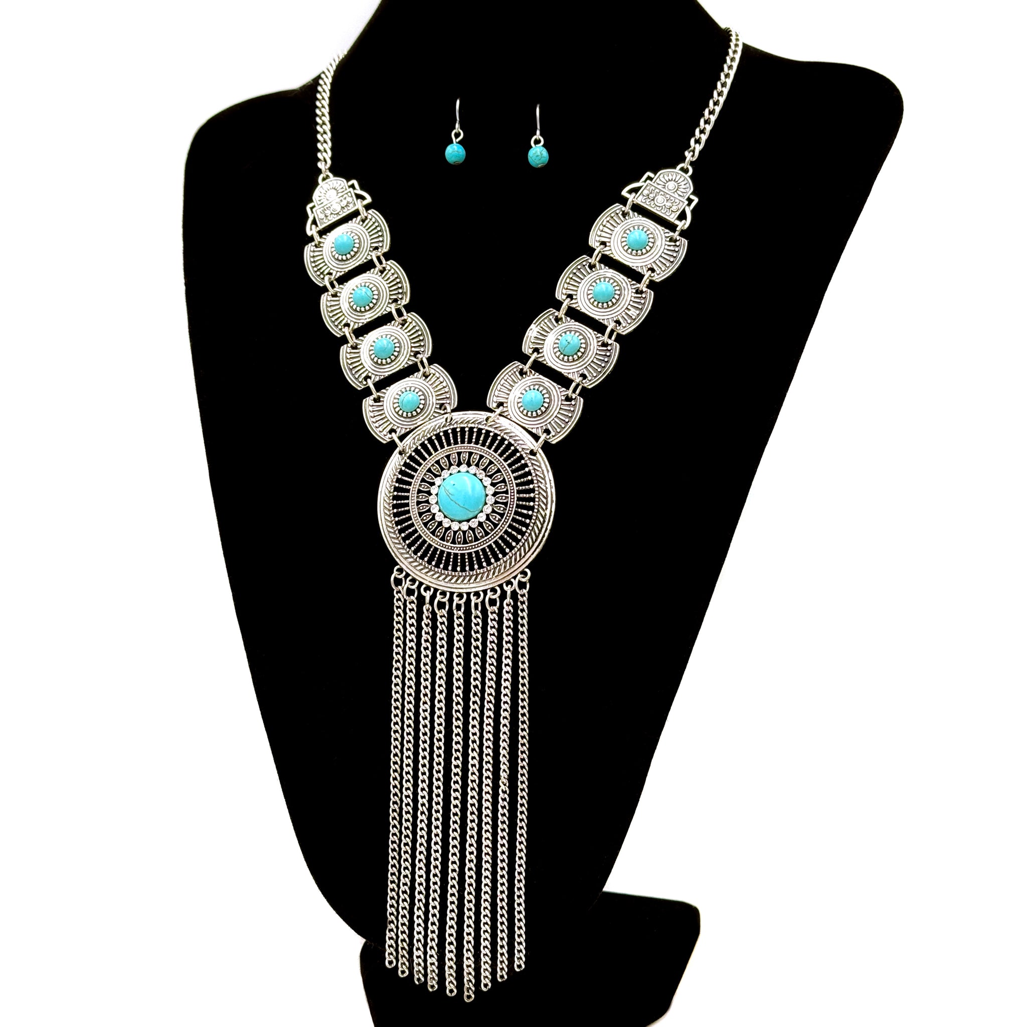 Silver Medallion Chain Turquoise Cabochon Necklace Set