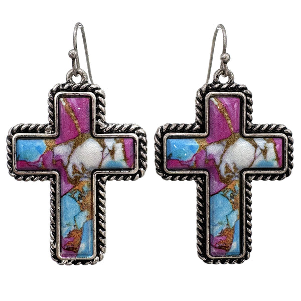 Polished Colored Stone Western Cross Earrings