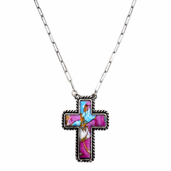 Polished Colored Stone Western Cross Necklace