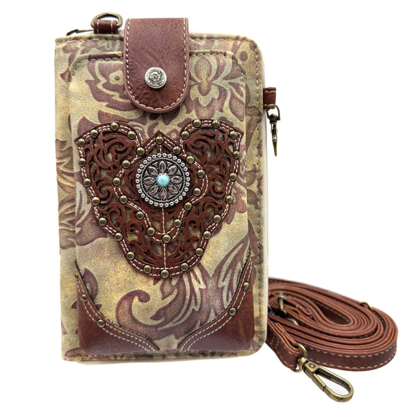 Women Western Floral Damask Medallion Crossbody Phone Wallet