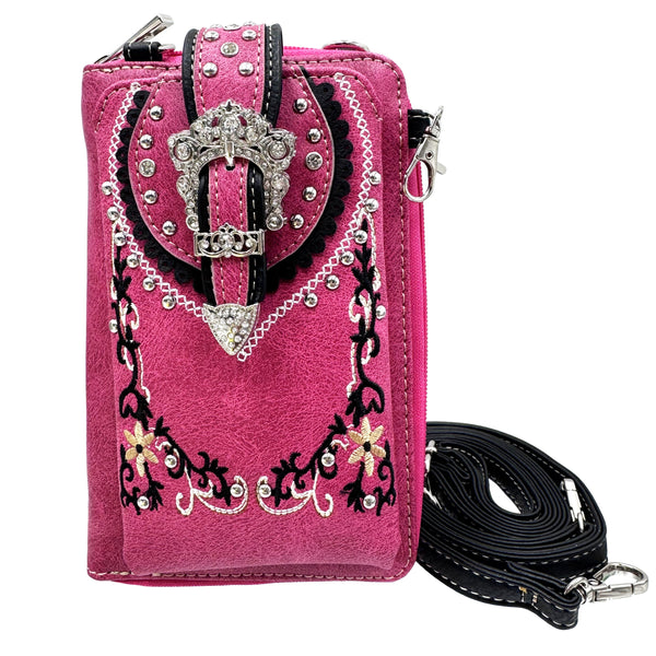 Crown Buckle Western Embroidered Floral Phone Wallet