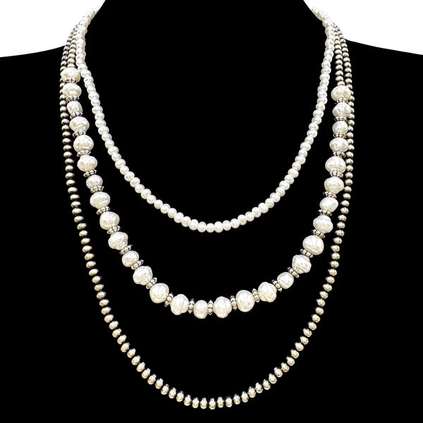 Three Strand Pearl Turquoise Stone Beads Navajo Necklace