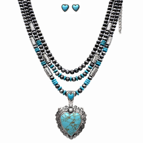 Silver Western Heart Navajo Turquoise Necklace Set