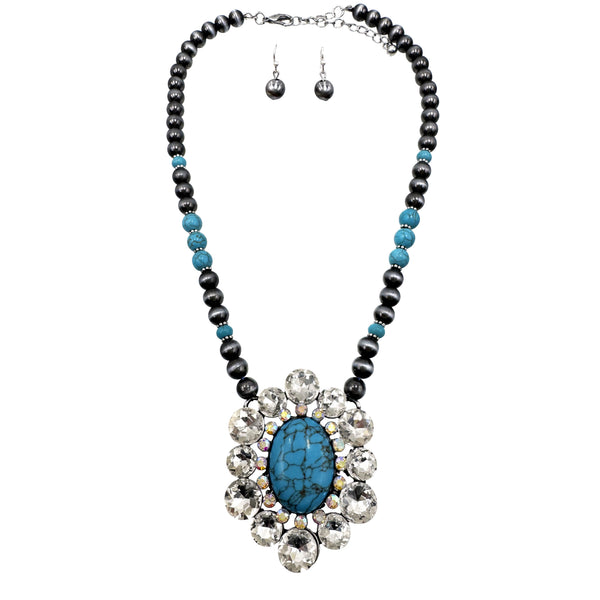 Crystal Blossom Stone Pendant Navajo Bead Necklace