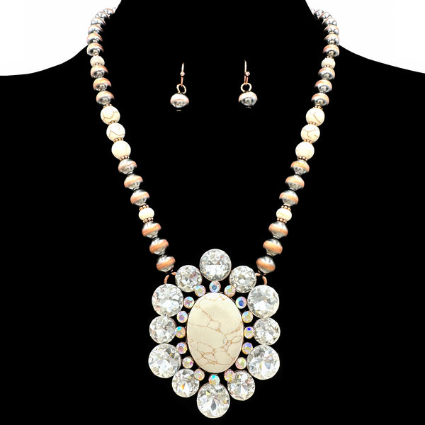 Crystal Blossom Stone Pendant Navajo Bead Necklace