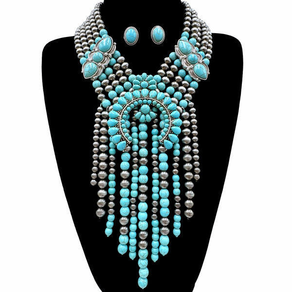 Squash Blossom Fringe Navajo Turquoise Beads Statement Necklace
