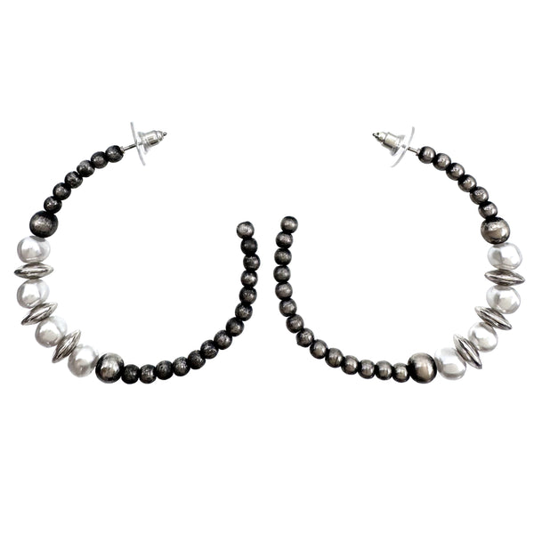 Pearl Navajo Bead C Hoop Earrings